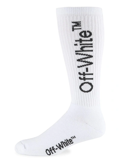 Shop Off-white Men's Mid-length Logo Knit Socks In White Black