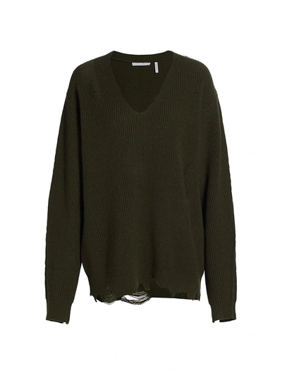 Shop Helmut Lang Women's Distressed V-neck Wool & Cashmere Sweater In Naval Green