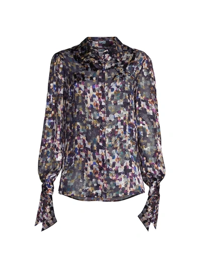 Shop Milly Painted-print Tie-cuff Blouse In Neutral