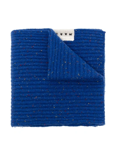 Shop Marni Logo-patch Ribbed Knit Scarf In Blue