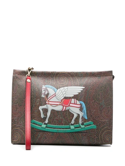Shop Etro Rocking Horse Print Clutch Bag In Brown