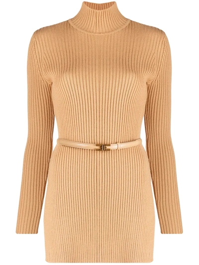 Shop Elisabetta Franchi Side-slit Knitted Jumper In Brown