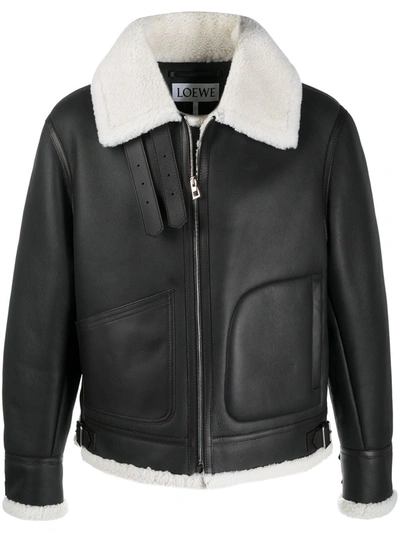 Shop Loewe Aviator Shearling Jacket In Black