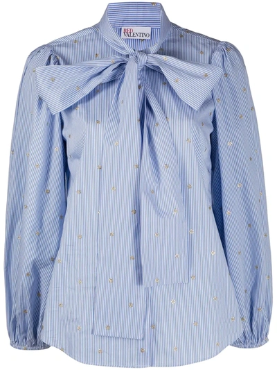 Shop Red Valentino Glitter Polka Dot Pussy Bow Shirt In Blue