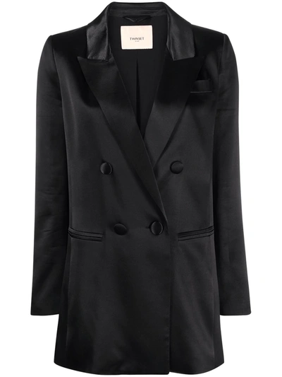 Shop Twinset Double-breasted Long Blazer In Black