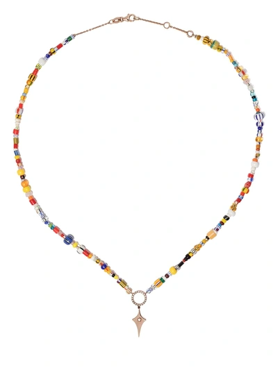 Shop Diane Kordas 14kt Rose Gold Shield Rainbow Beaded Necklace In Pink