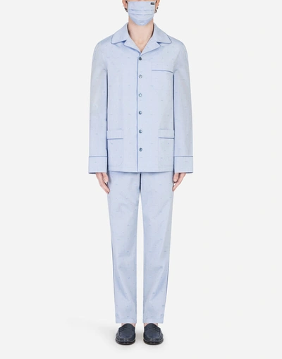 Shop Dolce & Gabbana Polka-dot Jacquard Pajama Set With Matching Face Mask In Azure
