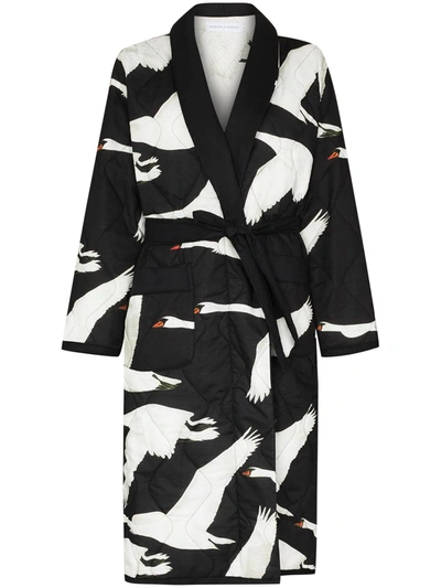 Shop Desmond & Dempsey Cygnus Swan Print Padded Robe In Black