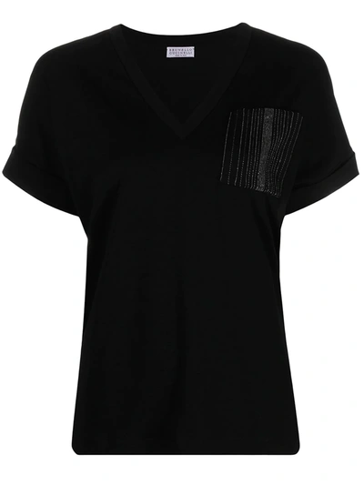 Shop Brunello Cucinelli Stripe-detail V-neck T-shirt In Black