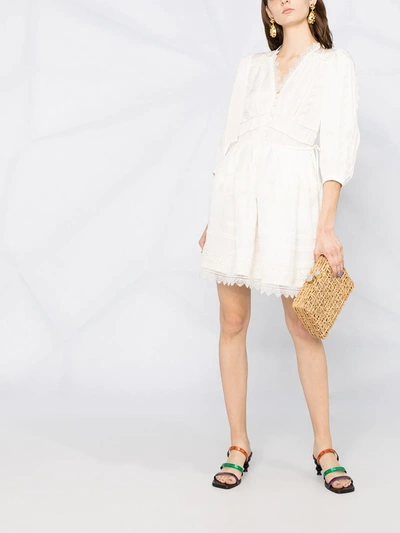 Shop Self-portrait Lace Trimmed Mini Dress In Neutrals