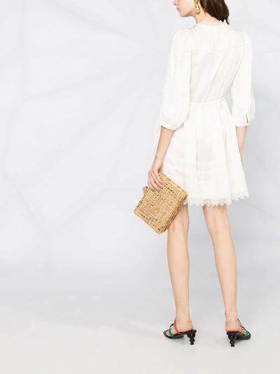 Shop Self-portrait Lace Trimmed Mini Dress In Neutrals