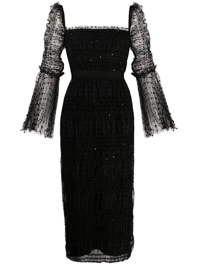 Shop Self-portrait Semi-sheer Fitted Midi Dress In Black