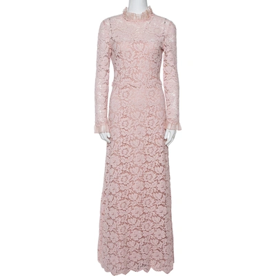 Pre-owned Valentino Light Pink Floral Lace Long Sleeve Gown M