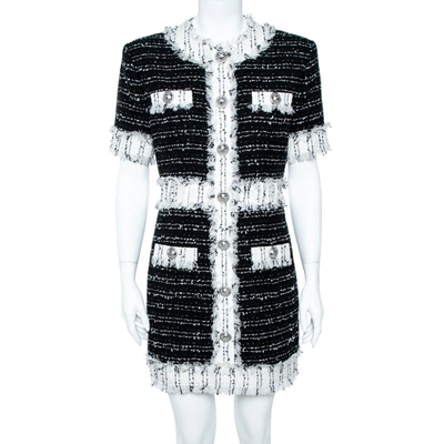 Pre-owned Balmain Monochrome Cotton Blend Tweed Mini Dress L In Black