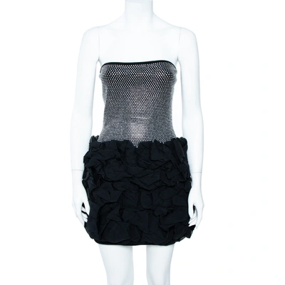 Pre-owned Balmain Black Crystal Embellished Strapless Ruffle Mini Dress M