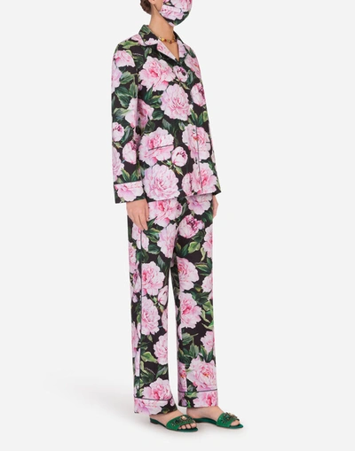 Shop Dolce & Gabbana Peony-print Pajama Set With Matching Face Mask