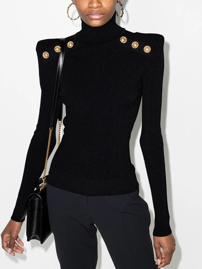 Shop Balmain Ribbed Knit Turtleneck Sweater - Women's - Polyester/viscose In Black