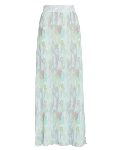 Shop Ganni Watercolor Printed Georgette Maxi Skirt In Pale Green/blue