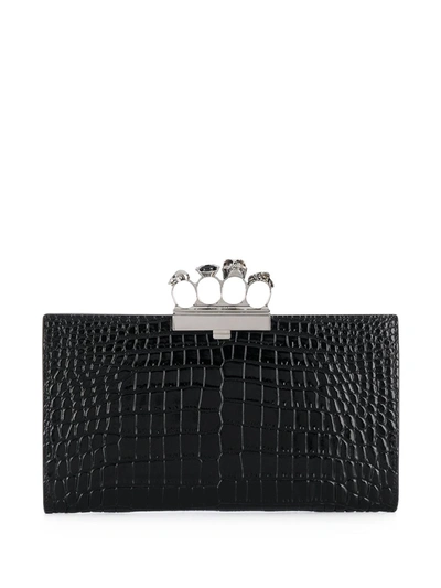 Shop Alexander Mcqueen Four Ring Skull Leather Clutch In Black