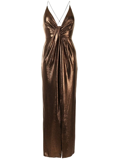 Shop Aidan Mattox Metallic-tone Ruched Maxi Dress In Gold