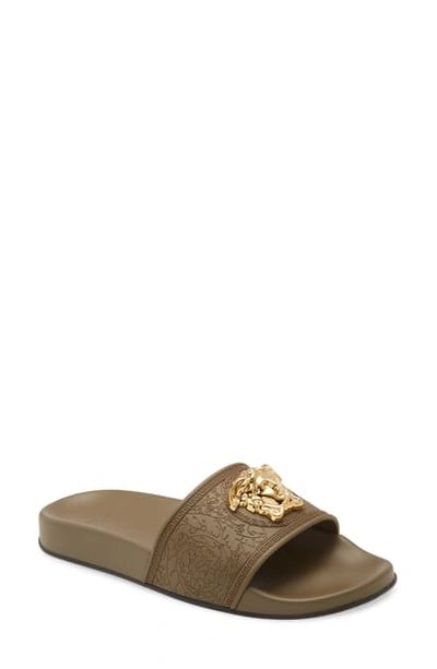 Shop Versace Palazzo Medusa Slide Sandal In Khaki/ Gold