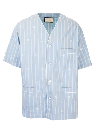 Shop Gucci Striped Gg Bowling Shirt In Light Blue And Iv