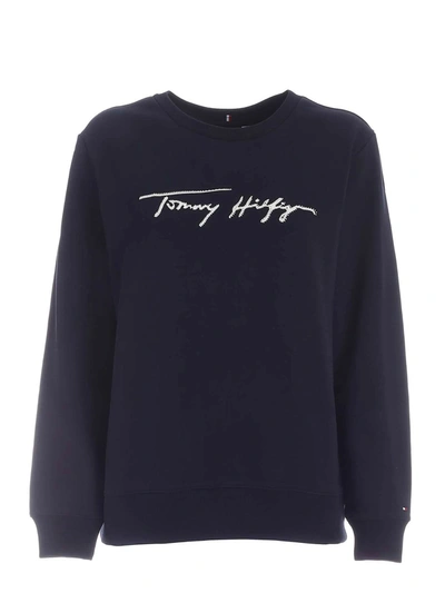 Shop Tommy Hilfiger Logo Print Sweatshirt In Blue And White