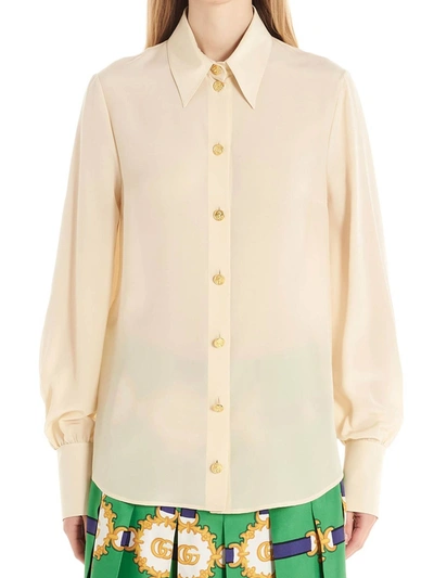 Shop Gucci Logo Buttons Puff Sleeve Shirt In Beige