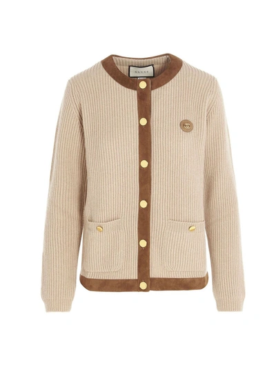 Shop Gucci Logo Patch Ribbed Cardigan In Beige