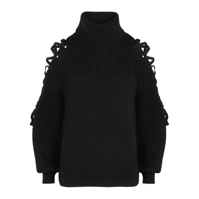 Shop Alice And Olivia Izetta Black Lace-up Wool-blend Jumper