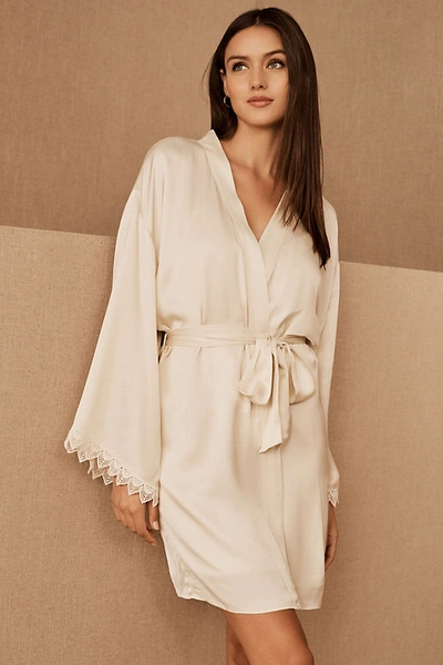 Shop Bhldn Matine Silky Long-sleeve Lace-trimmed Robe In White