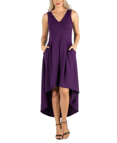 24seven Comfort Apparel Women's Sleeveless Fit And Flare High Low Dress In Purple