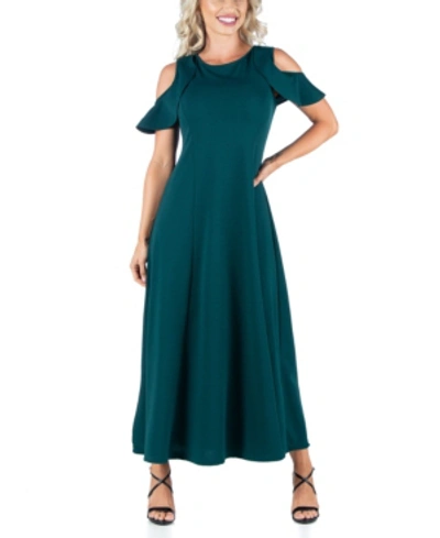 Shop 24seven Comfort Apparel Women's Ruffle Cold Shoulder A-line Maxi Dress In Hunter