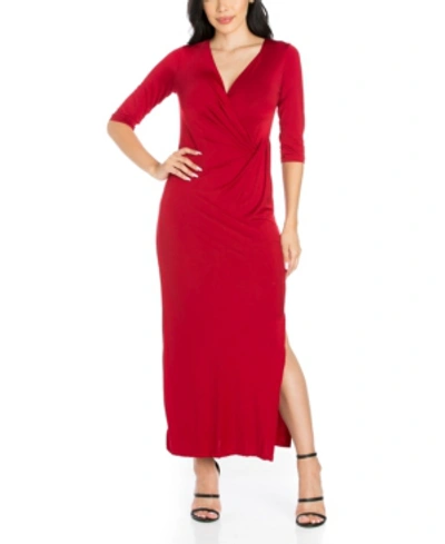 Shop 24seven Comfort Apparel Women's Fitted V-neck Side Slit Maxi Dress In Burgundy