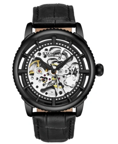 Stuhrling Men's Black Alligator Embossed Genuine Leather Strap Watch 42mm In Black