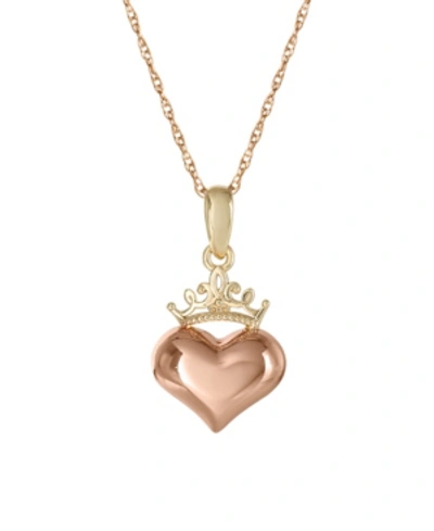 Shop Disney Children's Princess Heart & Crown 15" Pendant Necklace In 14k Yellow And Rose Gold