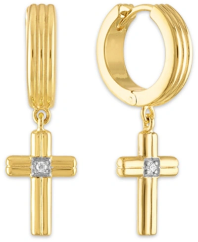Shop Esquire Men's Jewelry Diamond Accent Cross Drop Hoop Earrings In 14k Gold-plated Sterling Silver, Sterling Silver Or Black In Gold Over Silver