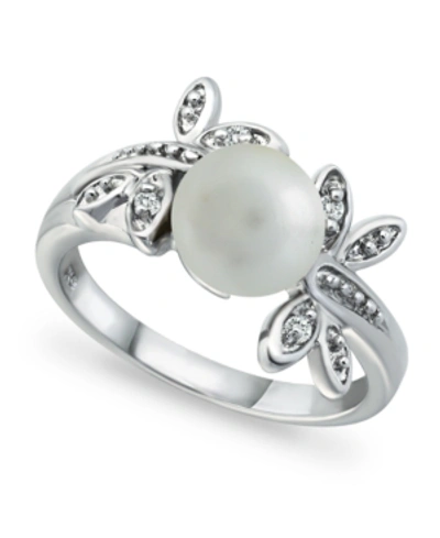 Macy's Imitation Pearl Cubic Zirconia Dragonfly Ring In Silver Plate In Silver
