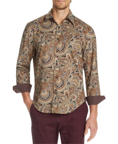 Shop Tallia Men's Slim-fit Performance Stretch Paisley Long Sleeve Shirt In Brown