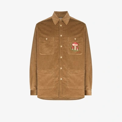 Shop Gucci Mushroom Embroidered Corduroy Shirt Jacket In Brown