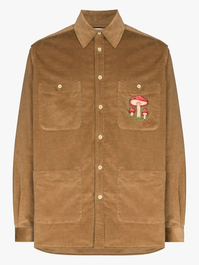 Shop Gucci Mushroom Embroidered Corduroy Shirt Jacket In Brown