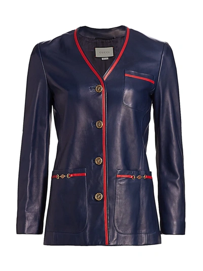 Shop Gucci Women's French Plonge Leather Jacket In Blue Red