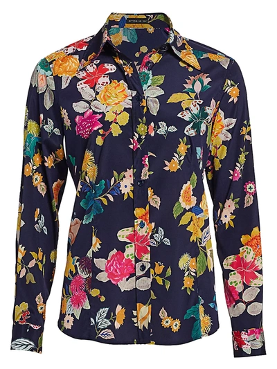 Shop Etro Women's Exotic Floral Stretch-silk Shirt In Navy