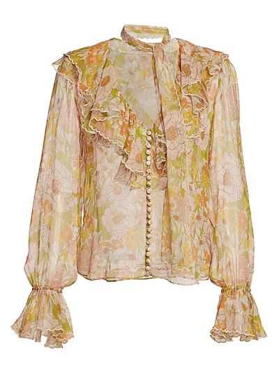 Shop Zimmermann Women's Super 8 Floral Silk Ruffle Tieneck Puff-sleeve Blouse In Pink Meadow