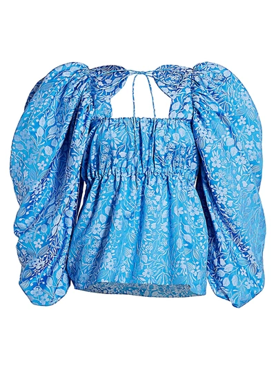 Shop Rosie Assoulin Women's Printed Silk Balloon-sleeve Top In Delft Blue
