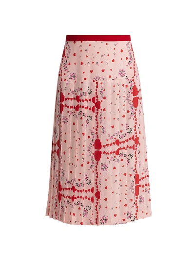 Shop Rodarte Heart-print Pleated Silk Skirt In White Red