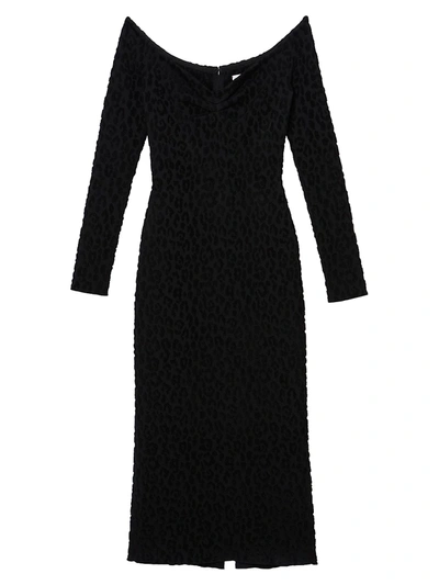 Shop Carolina Herrera Off-the-shoulder Leopard Jacquard Midi Dress In Black