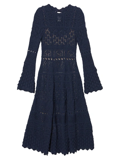 Shop Carolina Herrera Pointelle Knit Fit-&-flare Dress In Dark Navy