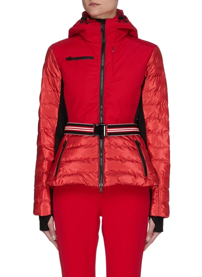 Shop Erin Snow 'kat' Belted Metallic Contrast Panel Hooded Puffer Ski Jacket In Red,black
