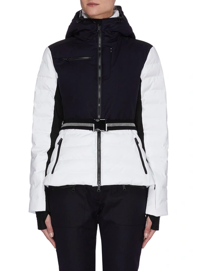 Shop Erin Snow 'kat' Belted Contrast Wool Panel Hooded Puffer Ski Jacket In Black,white